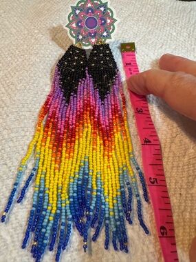 Beaded Fringe Statement Earrings in Rainbow Ombre